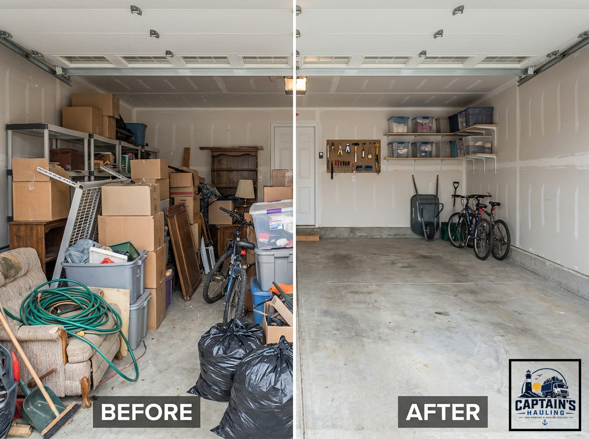 Before and after garage junk removal cleanout by Captain's Hauling